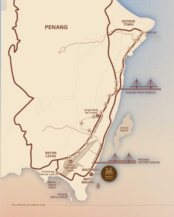 M Amaya location map showing Southbay, Batu Maung, Bayan Lepas, Penang International Airport and Penang Second Bridge