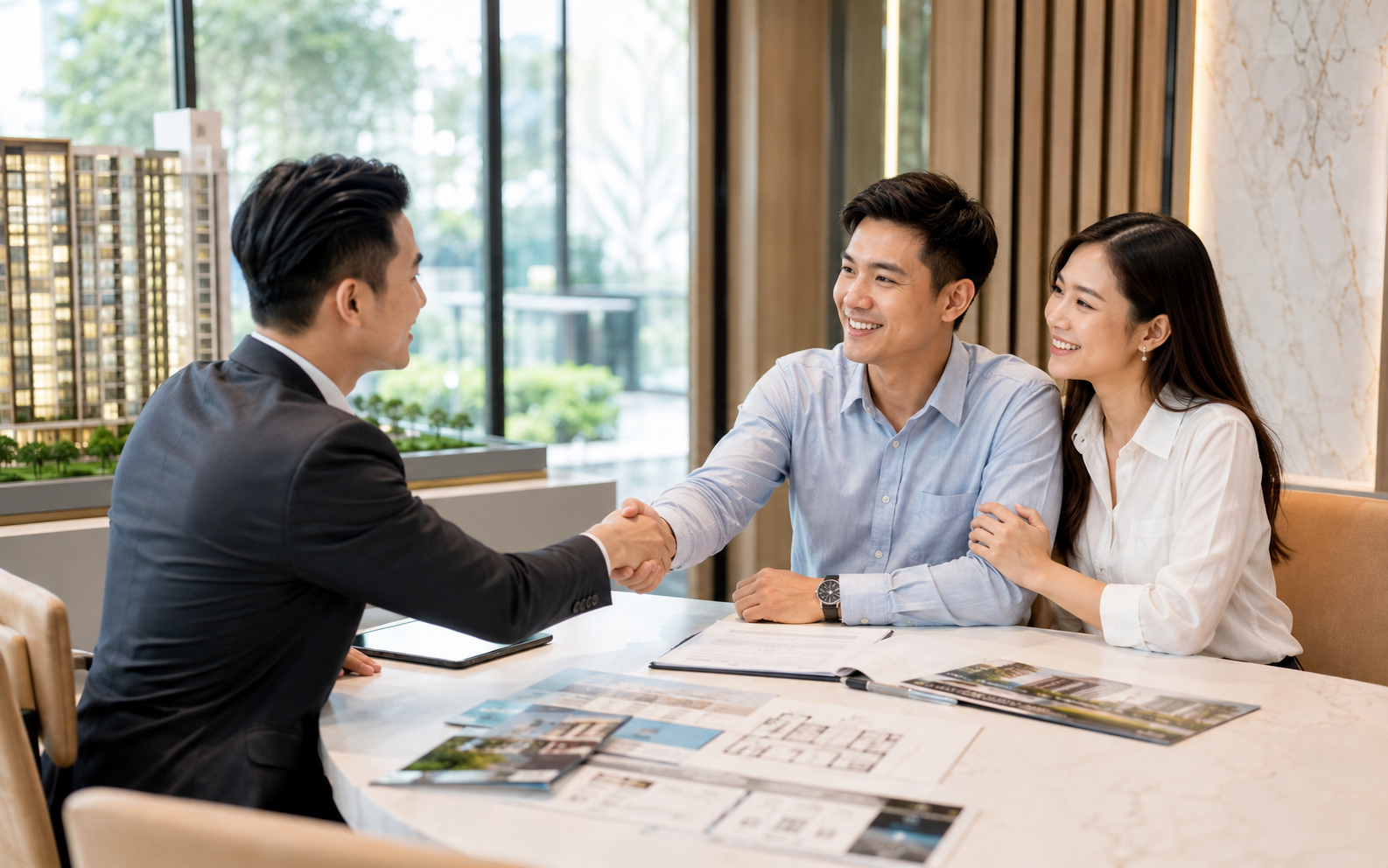 Malaysian property buyers discussing a complete purchase budget with a property adviser