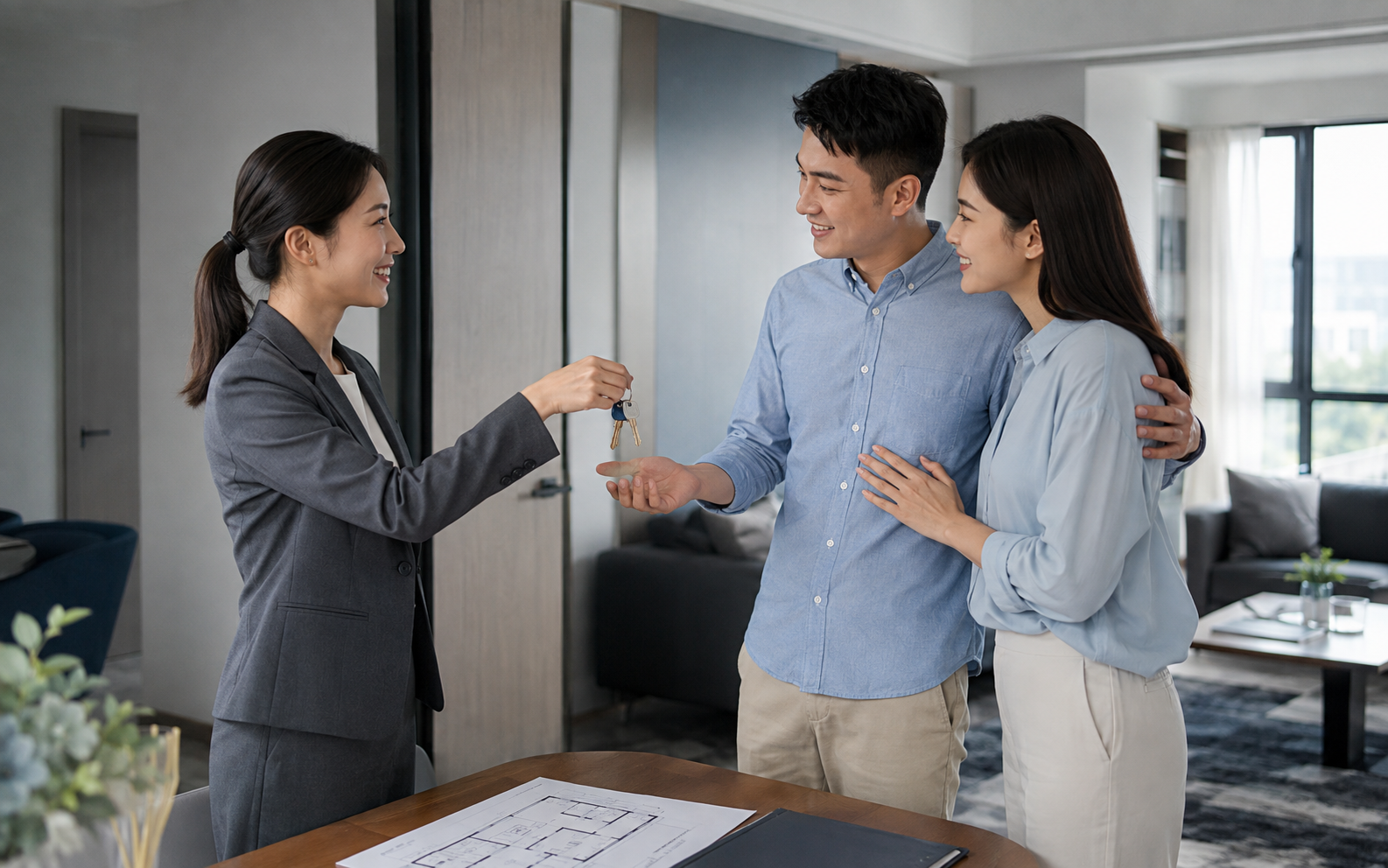 Malaysian property buyers discussing their total home-buying budget with an adviser