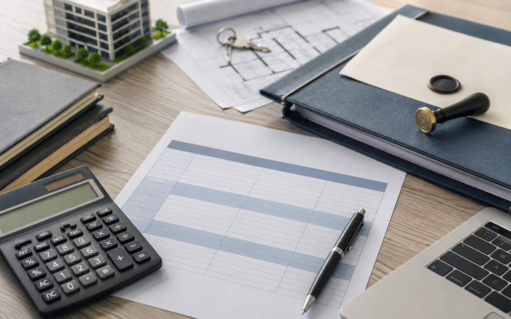 Property purchase cost worksheet with calculator and legal documents in Malaysia