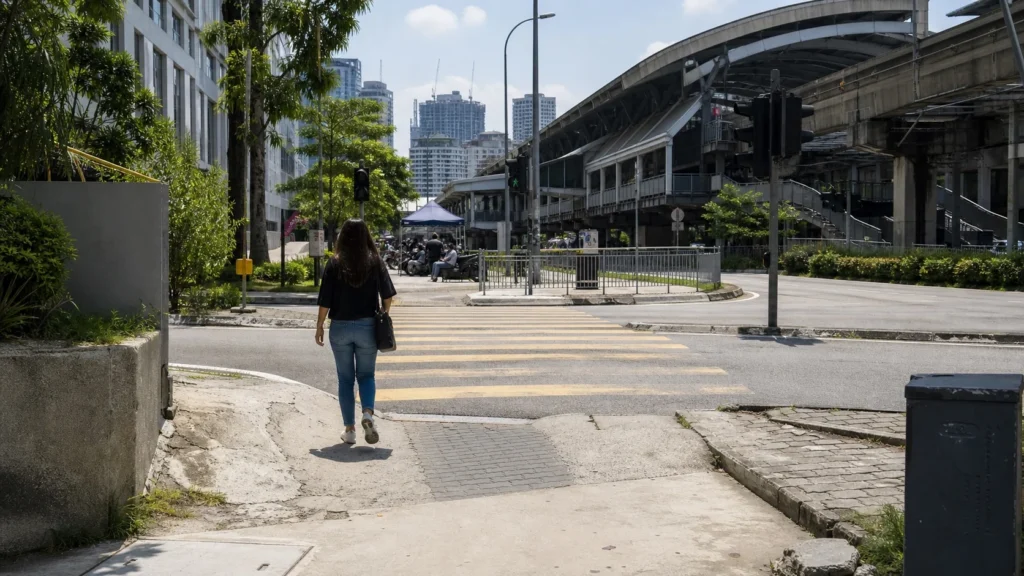 Pembeli menilai laluan pejalan kaki terbuka antara kediaman dan stesen KTM