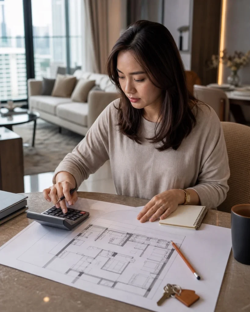Buyer reviewing M Aurora floor plan and ownership costs