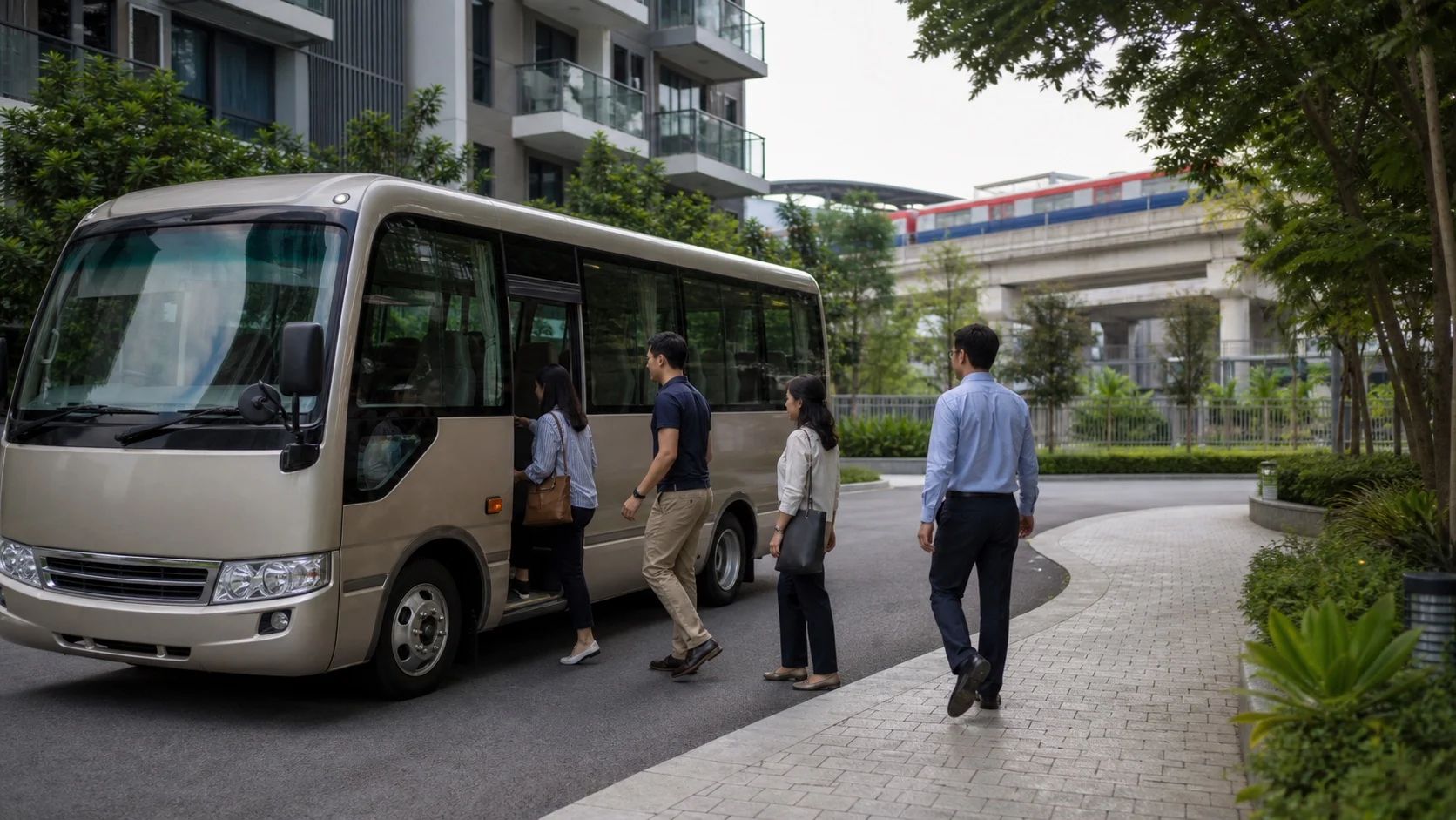 Residential shuttle bus supporting access between a condominium and nearby rail stations