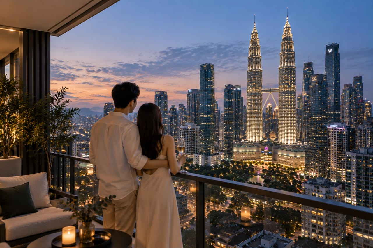 KLCC rooftop lifestyle illustration with Petronas Twin Towers skyline