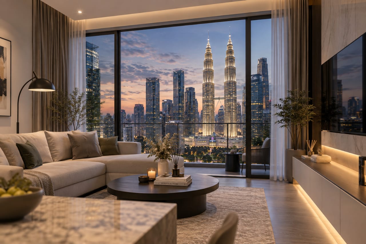 KLCC tenant lifestyle illustration of a professional couple in a city-centre apartment