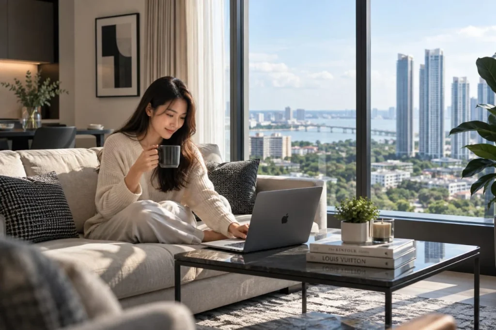 Young professional in a modern apartment — conceptual lifestyle for compact Skyline One Sentosa layouts