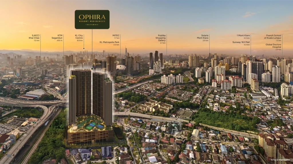 Ophira Resort Residences at Dutamas — official developer artist’s impression of the two residential towers and surrounding Kuala Lumpur area
