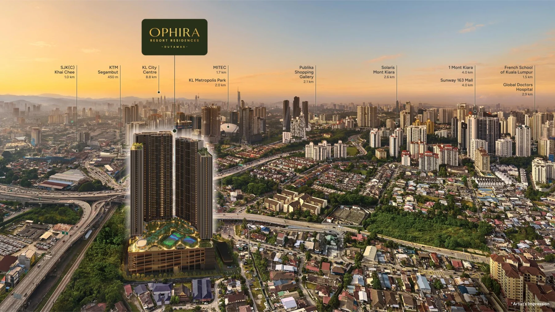 Official developer rendering of Ophira Resort Residences twin towers in Dutamas